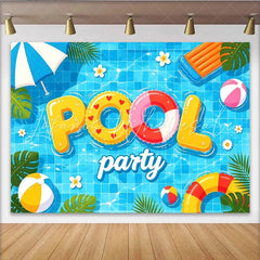 Lofaris Vibrant Pool Party Photography Backdrop with Floating Letters and Beach Balls Summer Celebration Background for Photoshoot
