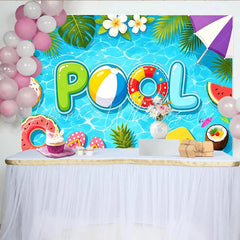 Lofaris Vibrant Pool Party Summer Backdrop with Tropical Leaves and Fun Floats Bright Photo Background for Party Decor and Vacation Pictures