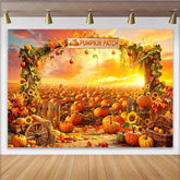 Lofaris Vibrant Pumpkin Patch Holiday Backdrop with Sunset Sky and Autumn Leaves Rustic Farm Harvest Background for Fall Festival
