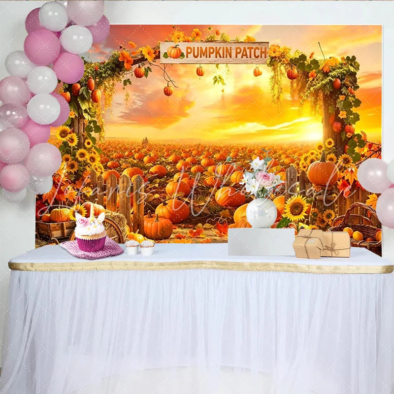 Lofaris Vibrant Pumpkin Patch Holiday Backdrop with Sunset Sky and Autumn Leaves Rustic Farm Harvest Background for Fall Festival