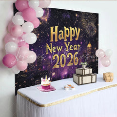 Lofaris Vibrant Purple and Gold Happy New Year Party Backdrop featuring a Dazzling City Skyline and Festive Fireworks