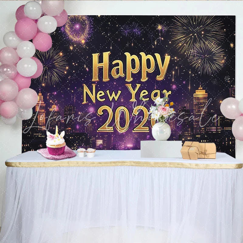 Lofaris Vibrant Purple and Gold Happy New Year Party Backdrop featuring a Dazzling City Skyline and Festive Fireworks