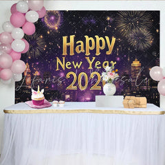 Lofaris Vibrant Purple and Gold Happy New Year Party Backdrop featuring a Dazzling City Skyline and Festive Fireworks