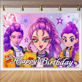 Lofaris Vibrant Purple Pink Cartoon Birthday Backdrop with Stars and Disco Ball Fun Party Background for Girls Photoshoot
