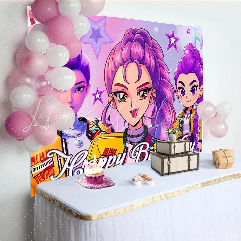 Lofaris Vibrant Purple Pink Cartoon Birthday Backdrop with Stars and Disco Ball Fun Party Background for Girls Photoshoot