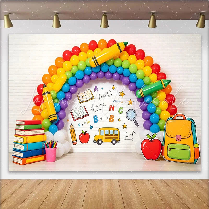 Lofaris Vibrant Rainbow Back To School Backdrop with Books and School Bus Educational Photography Background for Classroom Decor