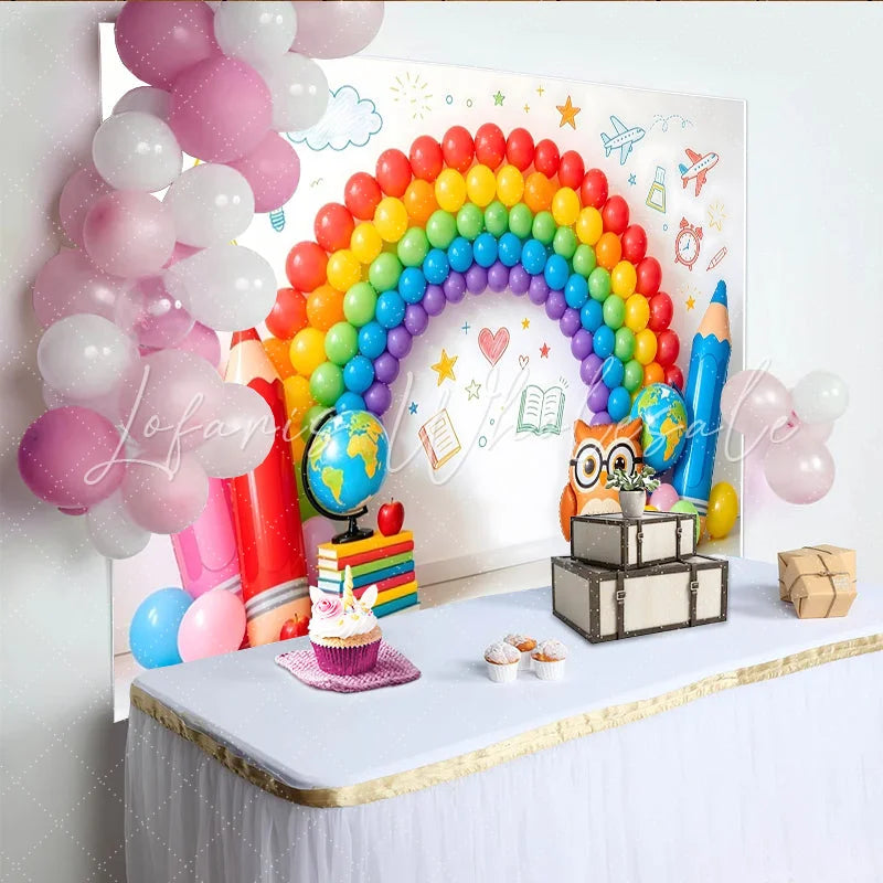 Lofaris Vibrant Rainbow Back To School Backdrop with Pencils and Globe Fun Learning Photography Background for Kids
