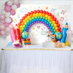 Lofaris Vibrant Rainbow Back To School Backdrop with Pencils and Globe Fun Learning Photography Background for Kids