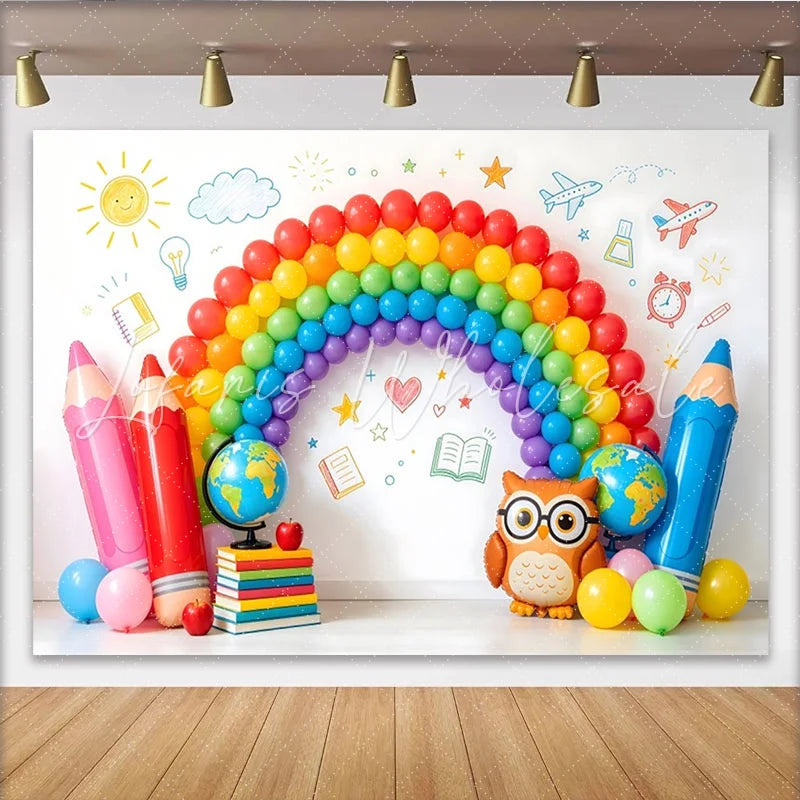 Lofaris Vibrant Rainbow Back To School Backdrop with Pencils and Globe Fun Learning Photography Background for Kids