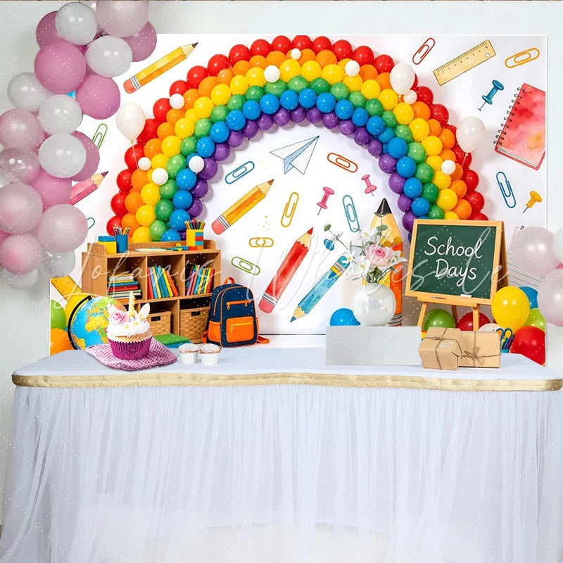 Lofaris Vibrant Rainbow Back To School Backdrop with School Days Theme Educational Classroom Background for Kids Party Decor and Photoshoot