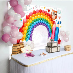 Lofaris Vibrant Rainbow Balloon Arch Back to School Backdrop with Globe and Pencils Cute Owl Photography Background for Studio.
