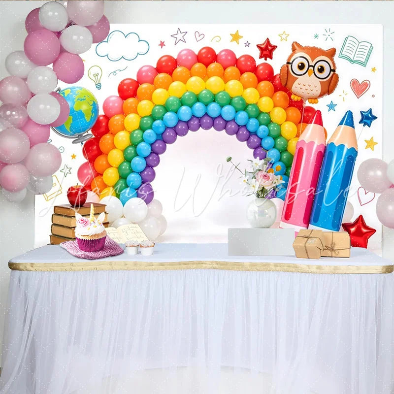 Lofaris Vibrant Rainbow Balloon Arch Back to School Backdrop with Globe and Pencils Cute Owl Photography Background for Studio.