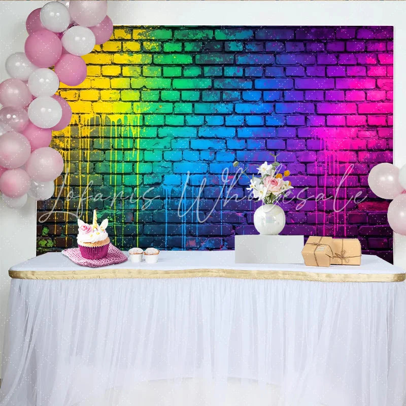 Lofaris Vibrant Rainbow Graffiti Wall Backdrop with Paint Drips Urban Street Art Background for Photoshoot and Party Decor