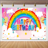 Lofaris Vibrant Rainbow Happy Birthday Backdrop with Balloons and Stars Cheerful Party Decor for Kids Photoshoot and Celebration