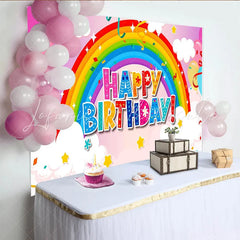 Lofaris Vibrant Rainbow Happy Birthday Backdrop with Balloons and Stars Cheerful Party Decor for Kids Photoshoot and Celebration