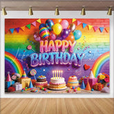 Lofaris Vibrant Rainbow Happy Birthday Backdrop with Colorful Balloons and Cakes Festive Party Decoration for Photoshoot