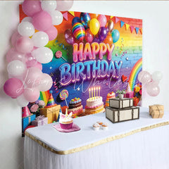 Lofaris Vibrant Rainbow Happy Birthday Backdrop with Colorful Balloons and Cakes Festive Party Decoration for Photoshoot