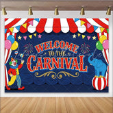 Lofaris Vibrant Red and Blue Carnival Birthday Backdrop with Clown and Elephant Festive Welcome to the Carnival Party Background