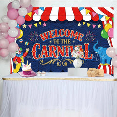 Lofaris Vibrant Red and Blue Carnival Birthday Backdrop with Clown and Elephant Festive Welcome to the Carnival Party Background