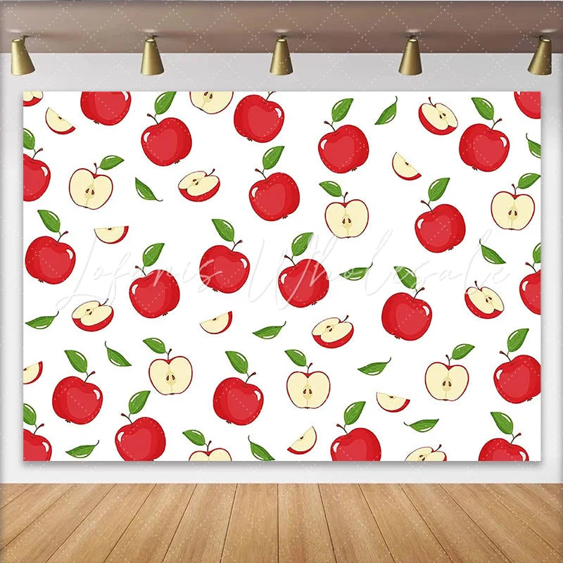 Lofaris Vibrant Red Apple Photography Backdrop with Green Leaves Seamless Fruit Pattern for Studio Photoshoot