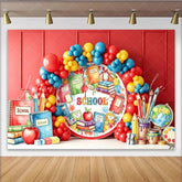 Lofaris Vibrant Red Back to School Backdrop with Colorful Balloons and School Supplies Educational Photo Booth Background for Classroom