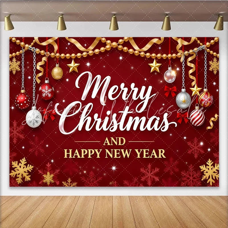 Lofaris Vibrant Red Merry Christmas and Happy New Year Backdrop Golden Ornaments and Snowflakes Party Background for Winter Holiday