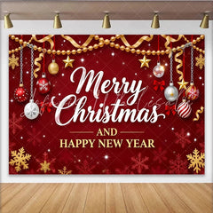 Lofaris Vibrant Red Merry Christmas and Happy New Year Backdrop Golden Ornaments and Snowflakes Party Background for Winter Holiday