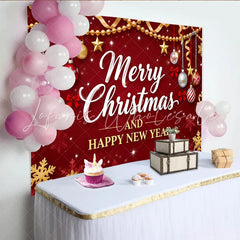 Lofaris Vibrant Red Merry Christmas and Happy New Year Backdrop Golden Ornaments and Snowflakes Party Background for Winter Holiday
