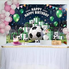 Lofaris Vibrant Soccer Birthday Backdrop with Green Balloons and Gift Boxes Stadium Field Background for Sports Party Decor
