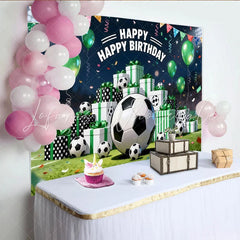 Lofaris Vibrant Soccer Birthday Backdrop with Green Balloons and Gift Boxes Stadium Field Background for Sports Party Decor