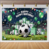 Lofaris Vibrant Soccer Birthday Backdrop with Green Balloons and Gift Boxes Stadium Field Background for Sports Party Decor