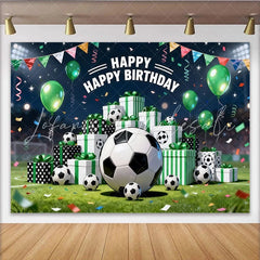 Lofaris Vibrant Soccer Birthday Backdrop with Green Balloons and Gift Boxes Stadium Field Background for Sports Party Decor