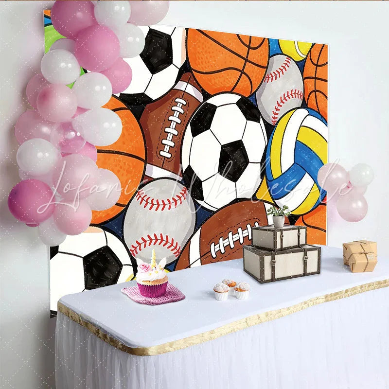 Lofaris Vibrant Sports Ball Birthday Backdrop for Kids Party Dynamic Photo Booth Background for Celebration
