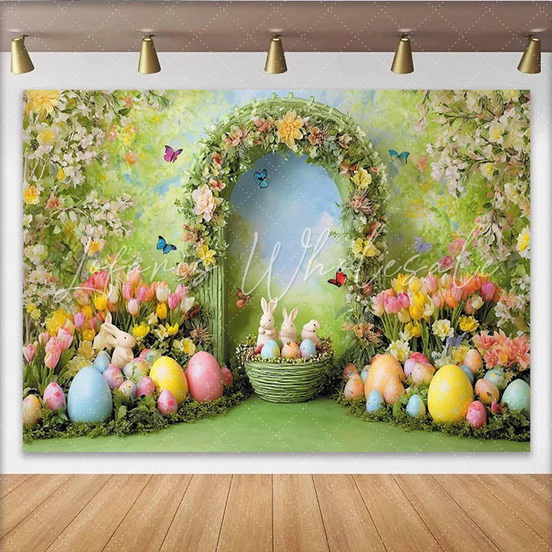 Lofaris Vibrant Spring Easter Backdrop with Floral Arch Cute Bunnies and Colorful Eggs Garden Party Photo Booth