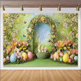 Lofaris Vibrant Spring Easter Backdrop with Floral Arch Cute Bunnies and Colorful Eggs Garden Party Photo Booth