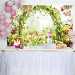 Lofaris Vibrant Spring Easter Backdrop with White Rabbit Colorful Eggs Butterflies and Floral Archway for Celebration