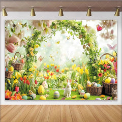 Lofaris Vibrant Spring Easter Backdrop with White Rabbit Colorful Eggs Butterflies and Floral Archway for Celebration