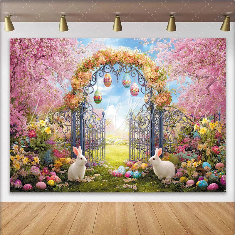 Lofaris Vibrant Spring Easter Garden Backdrop with Pink Cherry Blossoms Ornate Gate and Cute Rabbits for Photoshoot