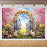 Lofaris Vibrant Spring Easter Garden Backdrop with Pink Cherry Blossoms Ornate Gate and Cute Rabbits for Photoshoot