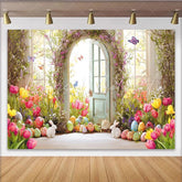Lofaris Vibrant Spring Floral Easter Backdrop with Arched Door Colorful Eggs and Cute Bunnies Party Decor.