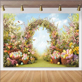 Lofaris Vibrant Spring Floral Easter Backdrop with Colorful Eggs Garden Arch and Butterflies Festive Party Decor