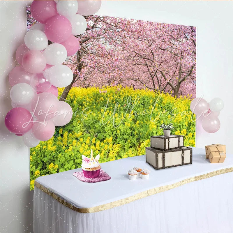 Lofaris Vibrant Spring Floral Photography Backdrop Pink Cherry Blossom and Yellow Flower Background for Studio Photoshoot