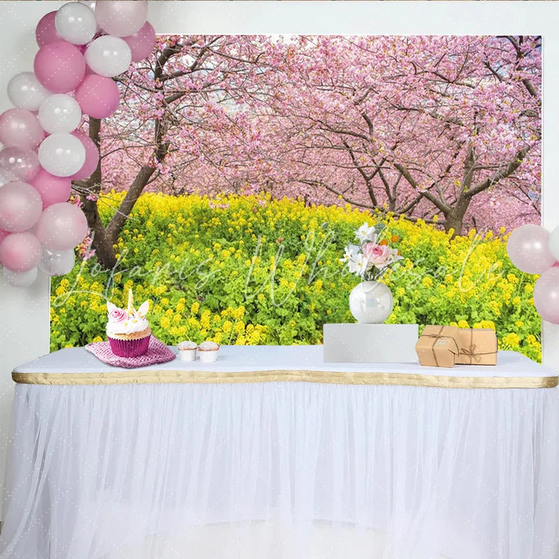Lofaris Vibrant Spring Floral Photography Backdrop Pink Cherry Blossom and Yellow Flower Background for Studio Photoshoot