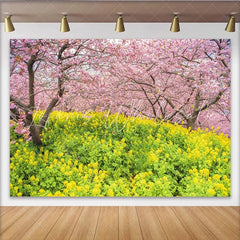 Lofaris Vibrant Spring Floral Photography Backdrop Pink Cherry Blossom and Yellow Flower Background for Studio Photoshoot