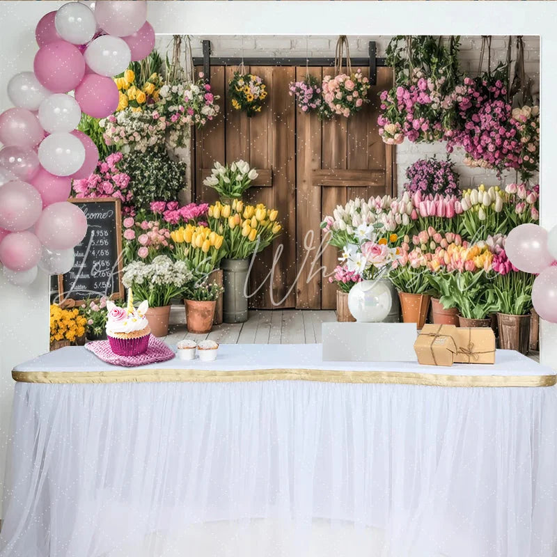 Lofaris Vibrant Spring Floral Photography Backdrop with Rustic Wood Door Charming Flower Shop Background for Studio Photoshoot