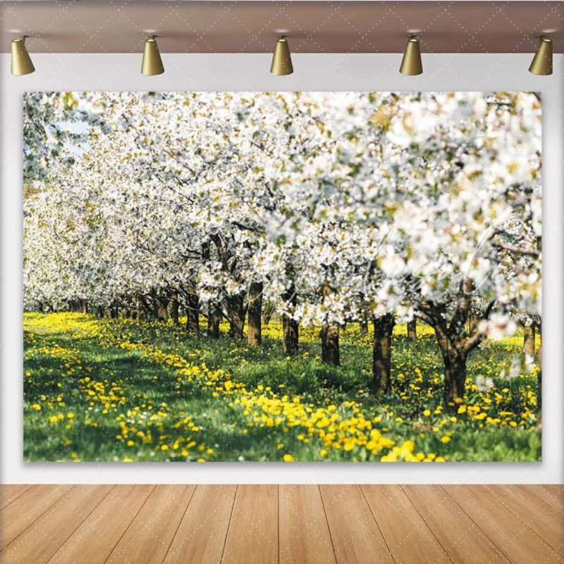Lofaris Vibrant Spring Floral Photography Backdrop with White Blossoms and Yellow Wildflowers Nature Scenery Background for Studio Portrait