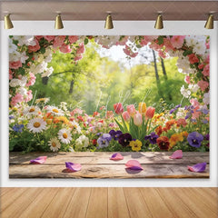 Lofaris Vibrant Spring Floral Photography Backdrop with Wooden Floor Bright Nature Scene Background for Studio Photoshoots and Decor