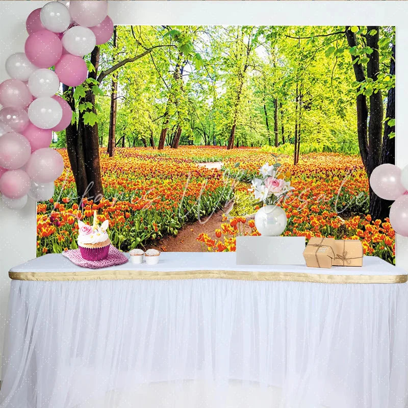 Lofaris Vibrant Spring Forest Tulip Photography Backdrop with Lush Green Trees Beautiful Nature Background for Photoshoot