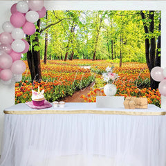 Lofaris Vibrant Spring Forest Tulip Photography Backdrop with Lush Green Trees Beautiful Nature Background for Photoshoot