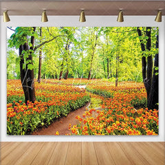 Lofaris Vibrant Spring Forest Tulip Photography Backdrop with Lush Green Trees Beautiful Nature Background for Photoshoot
